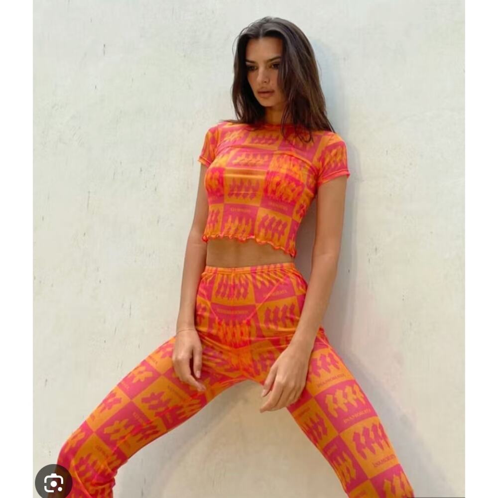 Inamorata Pants XS Beachwood Mesh Flare Check Pink Orange Party Casual Pool Chic